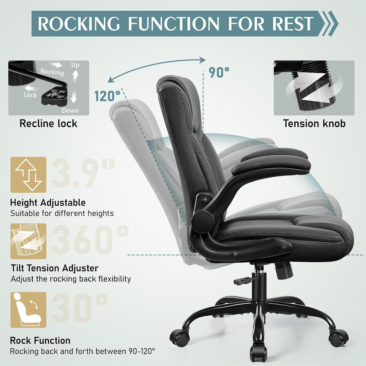 Leather Office Chair, PU Home Computer Desk Chairs with Ergonomic Back Support, 360°Swivel Free, Small Gaming Chair with Wheels and Adjustable Armrests, for Short People Use - Image 7