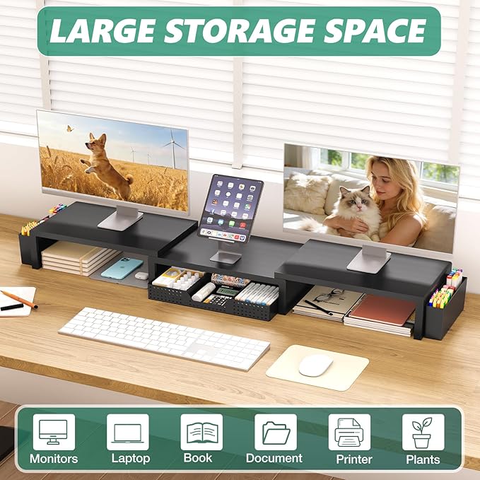 Desk Organizer and Accessories, Dual Computer Monitor Stand Riser with Drawer and 2 Pen Holders, Laptop Stand, Office Desk Accessories for Office Supplies, Black - Image 5