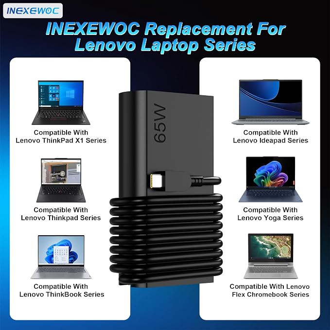Slim 65W USB C Laptop Charger Compatible with Lenovo ThinkPad T480s T580s T490 E480 E580 X1Carbon X13 Chromebook 2nd Gen Yoga Slim Type C Fast Charging Computer Power Cord - Image 6