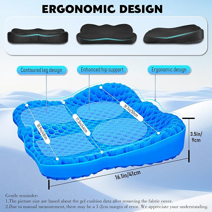 Gel Seat Cushion, Thickened Big Breathable Honeycomb Design Absorbs Pressure Points Gel Cushion with Anti-Slip Cover Seat Cushion for Office Chair Home Car Wheelchair Stadium Bleachers - Image 2