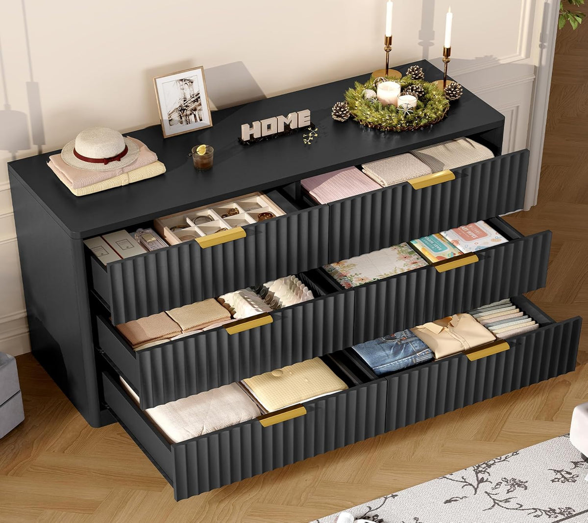 Fluted 6 Drawer Dresser for Bedroom, Wide Modern Chest of Drawers with Metal Handle, Curved Profile Design, Wood Closet Clothes Storage Organizer for Bedroom, Living Room, Hallway, Black - Image 3