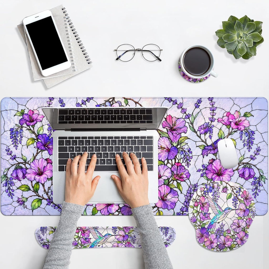 Keyboard Mouse Pad Set, 4 in 1 Desk Mat Set, Floral Hummingbird - Image 7