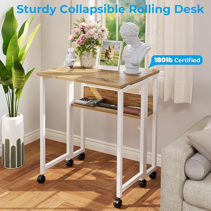 GreenForest Folding Desk with Wheels, 24.8" Rolling Table for Small Spaces | Storage Shelf, Lockable Casters, Compact Portable Workstation, Space-Saving Foldable Sofa Table, Home Office, Mobile, Oak - Image 8