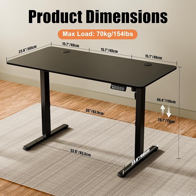 47"x24" Standing Desk, Height Adjustable Sit-Stand Home Office, Black | Electric Adjustable Standing Desk, Sit to Stand Computer Office Desk with Splice Board, Memory Preset, Lifts 28.7''-46.5" - Image 3