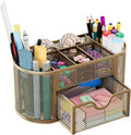 EasyPAG Mesh Pen Holder Desk Organizer with Drawer Stationery Supplies Organizer for Dorm School 9 Compartments Workspace Desk Accessories Organization for Office, Gold by EasyPAG