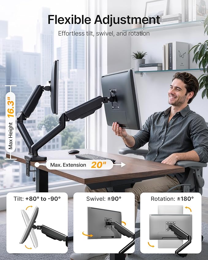 monTEK Dual Monitor Arm with USB Ports for 17-32" Screen up to 19.8 lbs | USB/audio ports for workspace, mechanical spring, full motion for flat/curved screens, clamp/grommet bases and VESA 75/100 - Image 5