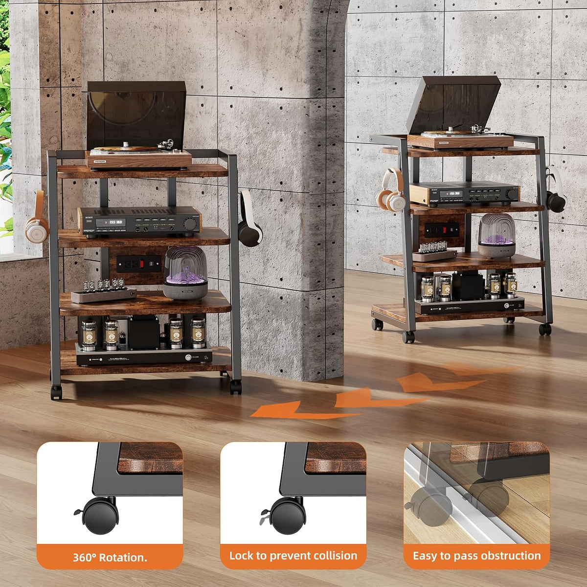 Mobile AV Media Stand with Outlets and 4 Rolling Caster Wheels - Image 3