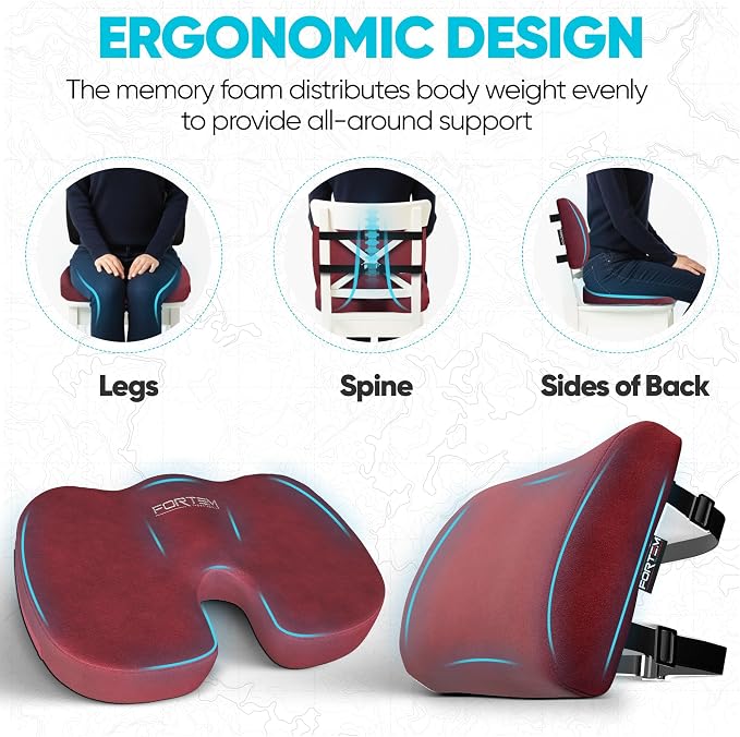 FORTEM Seat Cushion & Lumbar Support for Office Chair, Wheelchair, Car | Memory Foam | Ergonomic Design | Washable Cover | Non Slip | Red - Image 6
