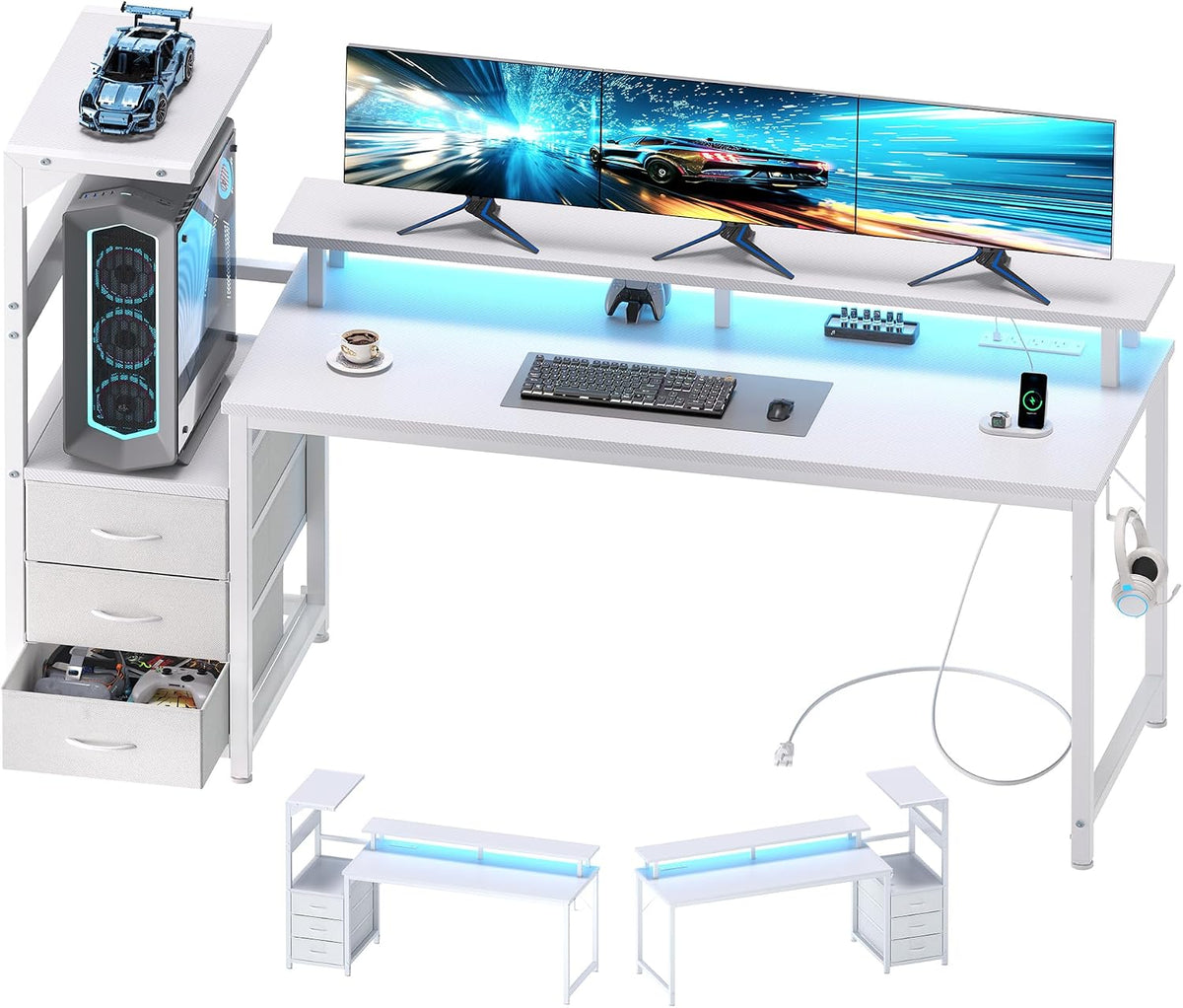 DUMOS 59” Reversible Gaming Computer Desk with Drawers and Power Outlet by DUMOS