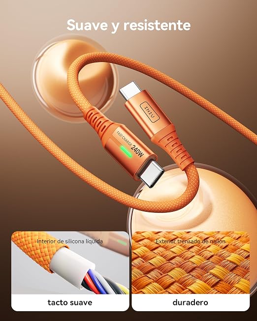 INIU 240W USB C to USB C Cable, [6.6ft+6.6ft] Fast Charging Type C, Orange | Nylon Braided, Fast Charging, LED Indicator, USB-C Data Transfer, for iPhone 17 16 Pro, MacBook Pro, iPad, Samsung S26 etc - Image 5