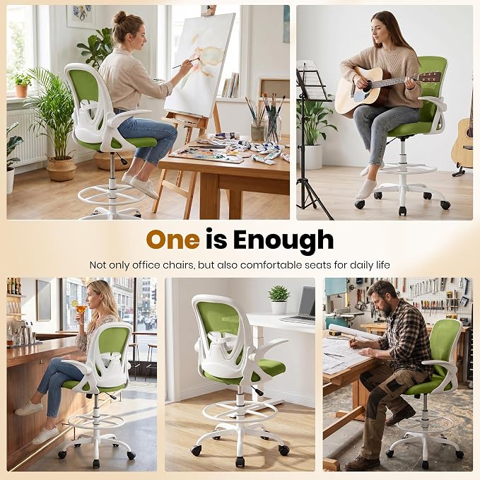 Drafting Chair Tall Office Chair with Flip-up Armrests Executive Ergonomic Computer Standing Desk Chair with Lumbar Support and Adjustable Footrest Ring (AvocadoGreen) - Image 8