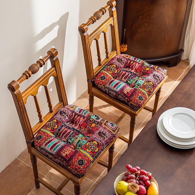 vctops Boho Chair Cushions with Ties Patchwork U-Shaped Soft Cozy Cotton Linen Chair Pads Non Slip Seat Cushions for Indoor Dining Room and Kitchen Chairs (Pink B,16"x16") - Image 2