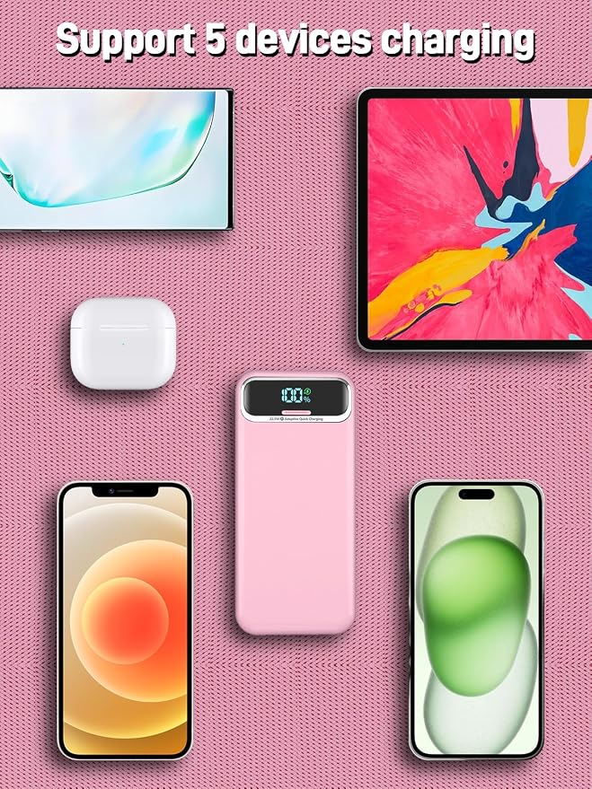 Nusyddy Portable Charger 20000mAh Fast Charging w/Built-in Wall Plug Pink | 22.5W Fast Charging, High Capacity, LED Display, Charge 5 Devices at once, TSA Approved, Compatible with iPhone/Samsung - Image 6