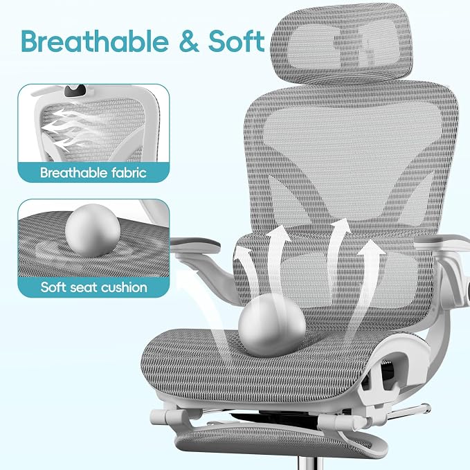 Ergonomic Office Chair, Home Office Desk Chairs with Adjustable Lumbar | Allion Ergonomic Mesh Computer Gaming Chairs with 3D Headrest, Flip-up Arms, Big Tall Reclining chair for Men Women, Grey - Image 5