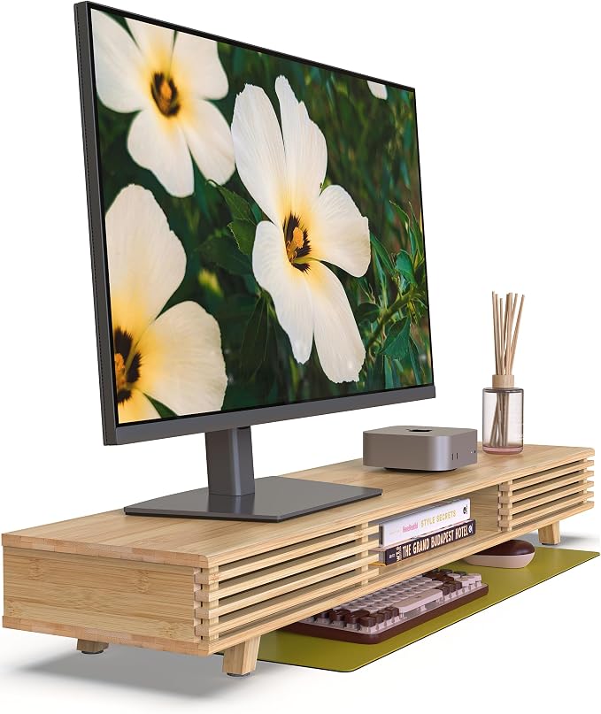 Bamboo 42” Dual Monitor Stand with Sliding Doors Desk Shelf | Ergonomic Relief Easy Assembly Solid Construction Cozy Workplace Computer Setup Desk Organizer High Load-bearing by WELLWENG