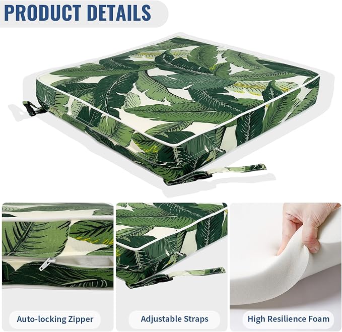 Patio Chair Cushions 19 x 19 x 3 Inch, Outdoor Cushions for Patio Furniture, Water Repellent Outdoor Seat Cushions with Straps Garden Sofa Couch Pads, Set of 2, Swaying Palms Green - Image 4