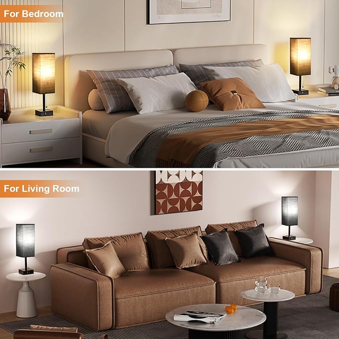 Set of 2 Black Bedside Table Lamps for Bedroom - Nightstand Lamp, USB C+A | Pull Chain Lamp, 3 Color Modes(3000K/4000K/5000K), E26 LED Bulb Included, Square Black Fabric Lampshade, for Read, Work, Dorm - Image 6
