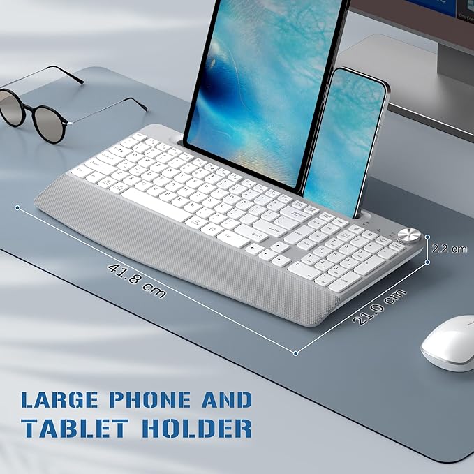 JOYACCESS Ergonomic Wireless Keyboard, 2.4GHz Cordless USB Full-Size Keyboard with Wrist Rest, Quiet Design & Numeric Keypad, Phone Holder for Desktop, Laptop, PC, Mac, Windows -Silver White - Image 6