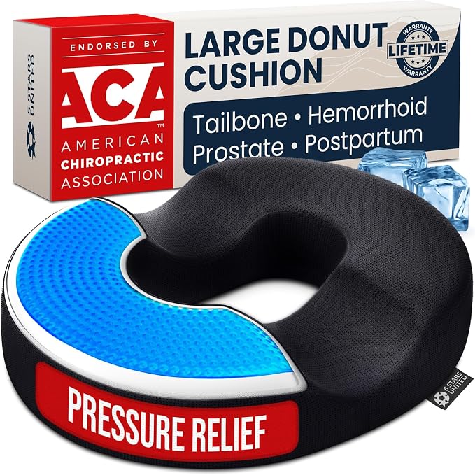 5 STARS UNITED Donut Pillow for Tailbone Pain & Hemorrhoids – Large Memory Foam Seat Cushion with Cooling Gel Layer for Bed Sore-Prone Areas & Pressure Relief – Black Mesh Cover by 5STARSUNITED