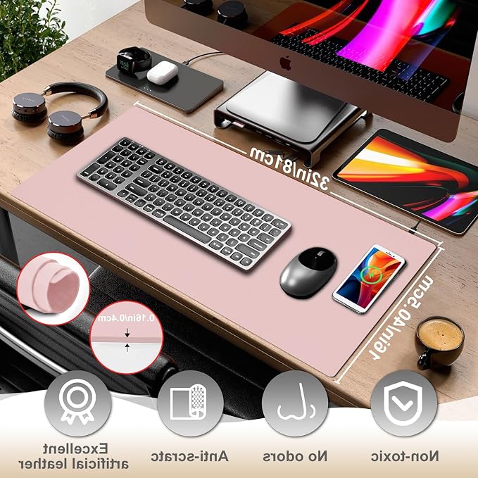 Desk Mat with Wireless Charging, Pink Mouse Pad with Wireless Charger, Desk Pad Matt for Desktop, Mousepad Gaming Large Mouse Pad, Leather Compute for Keyboard and Mouse, 32" x 16" - Image 7
