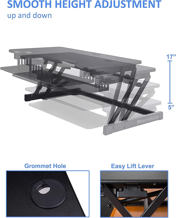 Rocelco 37.5" Deluxe Height Adjustable Standing Desk Converter with Dual Monitor Mount BUNDLE - Quick Sit Stand Up Computer Workstation Riser - Large Retractable Keyboard Tray - Black (R DADRB-DM2) - Image 3