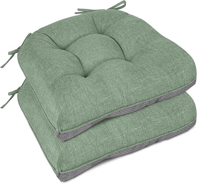 Chair Cushions for Dining Chairs Set of 2, 18"x18"x3", Sage Green | Non-Slip with Ties, Tufted, Faux Linen, Seat Cushions for Dining Room Kitchen Breakfast Nook Indoor Home Office Living Room by FlyGulls