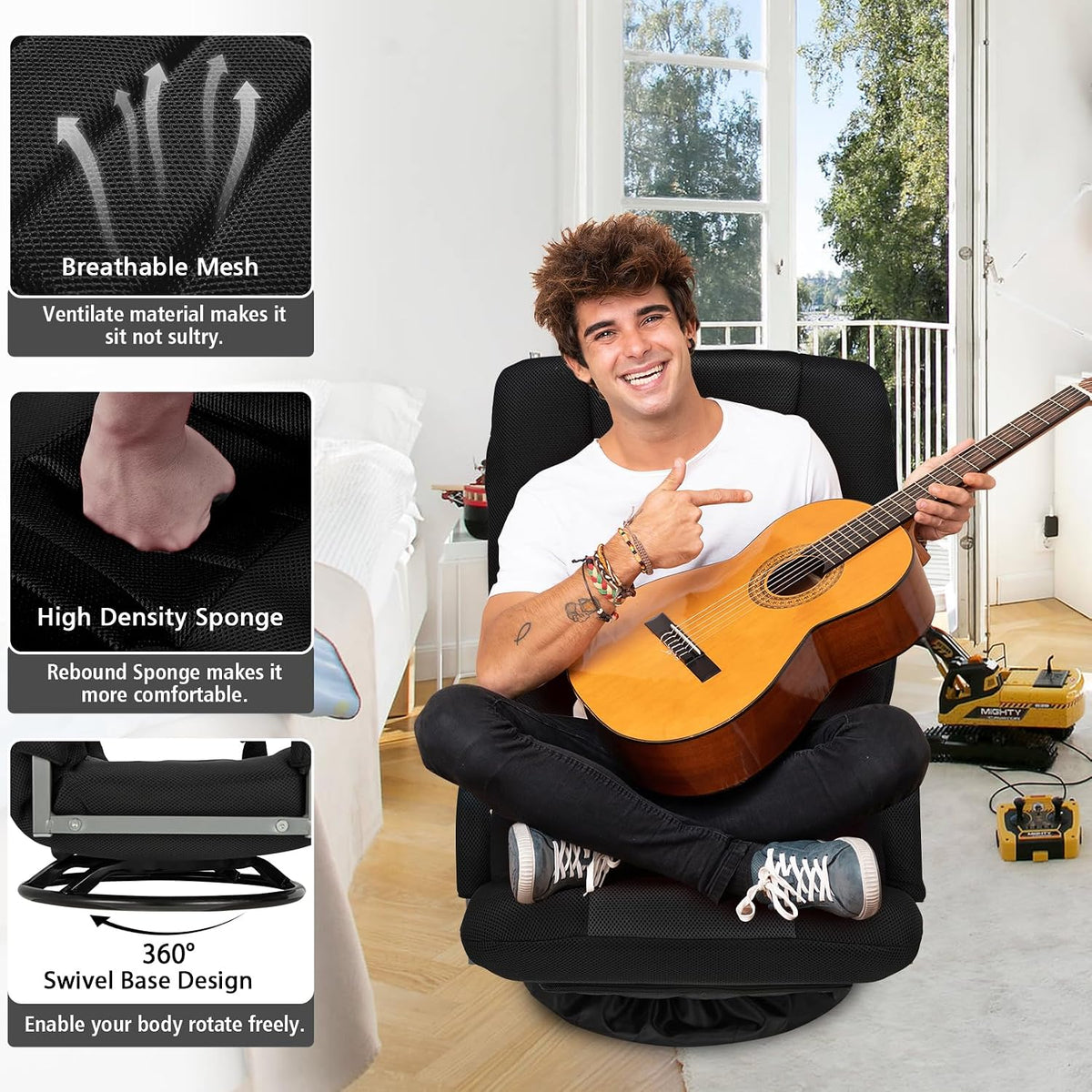 Swivel Gaming Chair Multipurpose Floor Gaming Chair for Gaming, TV, Reading w/6 Adjustable Postion Backrest, Armrest Lumbar Support & for Adults, Black - Image 4