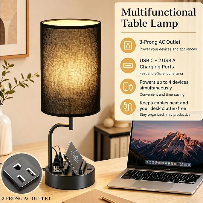Dreamholder 2 Pack Table Lamp, Bedside Lamp with 3 USB Charging Ports & AC Outlet, USB Desk Lamp with 2 Phone Holders, Linen Fabric Shade Nightstand Lamps for Bedroom Living Room Office, Black Shade - Image 3