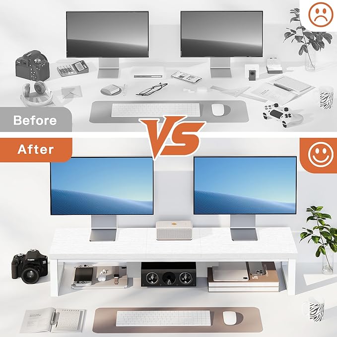 Dual Monitor Stand Riser, Large Computer Monitor Stand for 2 Monitors, Multi-Purpose Desk Organizers and Accessories, Wood and Steel Desk Shelf for Computer, Laptop, Printer, TV, White - Image 2