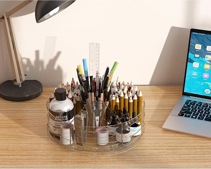 CraftGenes 2 Packs Rotating Clear Acrylic Pen Holder, Marker Organizer | Pen organizer for desk and art supply organizer with 7 removable sections for markers, pencils, brushes, and office supplies. - Image 2