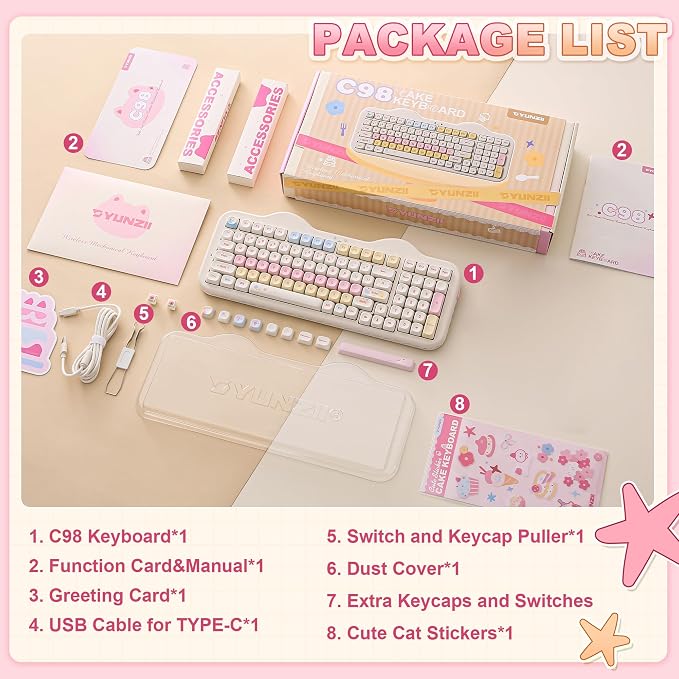 YUNZII C98 Cute Cake Wireless Mechanical Keyboard(Beige, Milk Switch) | 99 Keys with Number Pad, Hot Swap, PBT MOA Keycaps, BT5.0/2.4G/USB-C, Gasket Mount, Custom RGB Backlit for Win/Mac - Image 8