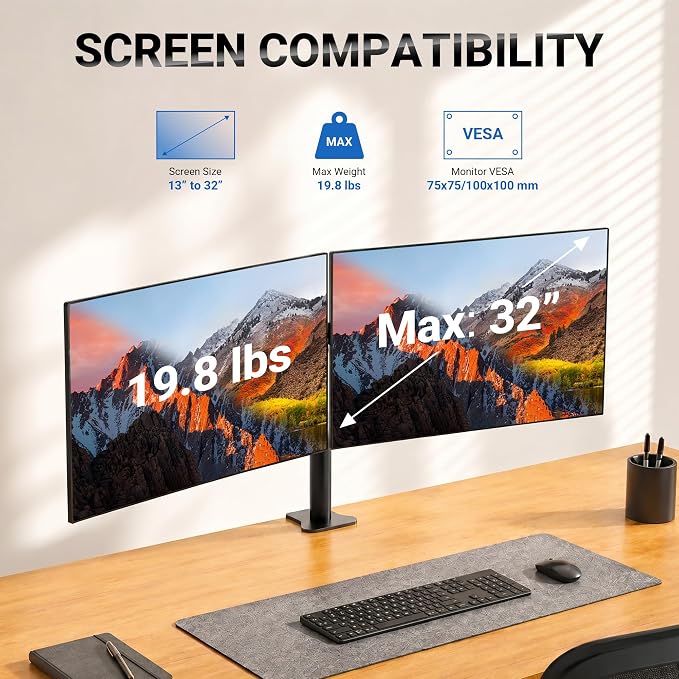 GRIFEMA Monitor Mount for 13-32 in, Dual Monitor Arm, Up to 19.8 Lbs Each | Full Motion Adjustable Height, 360° Rotate, Tilt, Swivel, Easy Install, VESA 75/100 mm, Monitor Stand for Home Office Gaming - Image 2