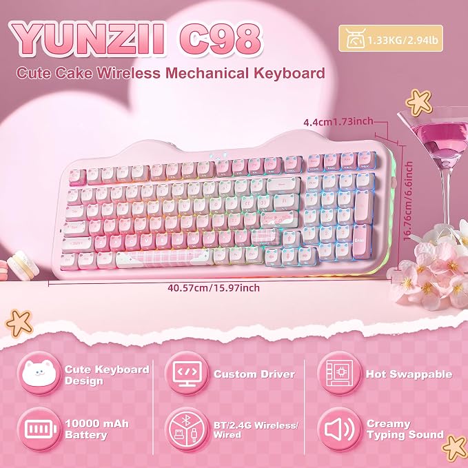 YUNZII C98 Cute Wireless Mechanical Keyboard(Pink Mao, Candy Switch) | Cake Keyboard,99 Keys with Number Pad, MAO Keycaps, BT5.0/2.4G/USB-C,Hot Swap, Gasket Mount, Custom RGB Backlight for Win/Mac - Image 2