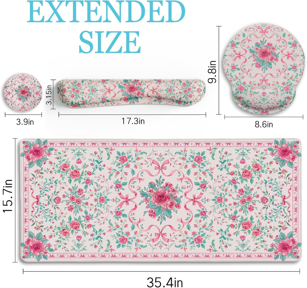 Pink Floral Desk Mat, Ergonomic Mouse Pad Set with Wrist Rest - Image 6
