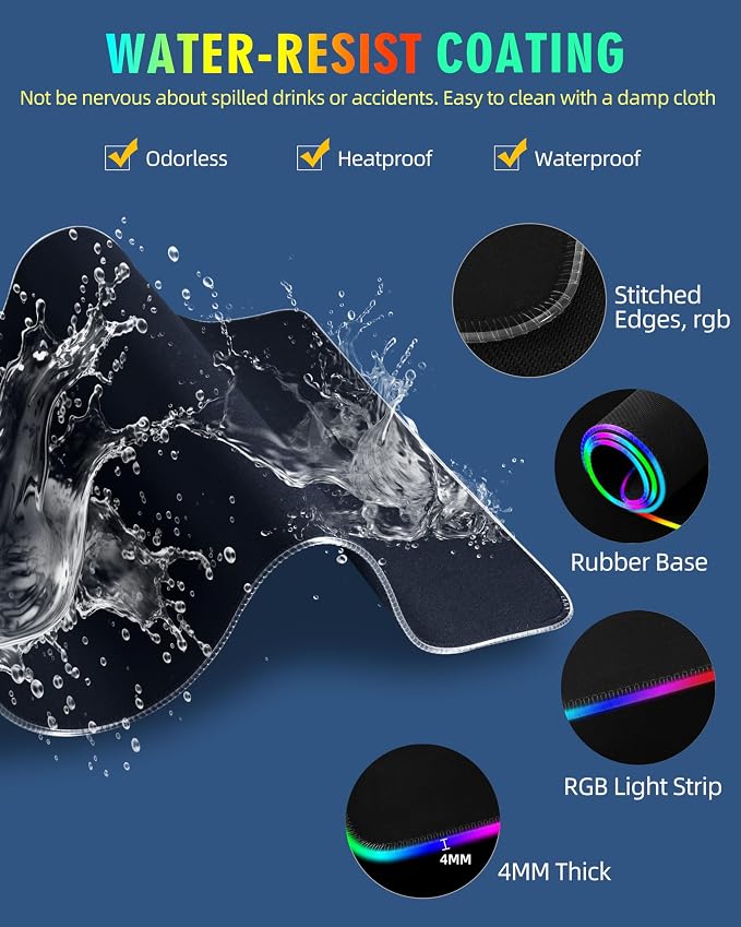 Wireless Charging Mouse Pad, RGB Gaming Desk Mat, 31.5"x15.7" | Large Desk Pad, 13 Light Modes, Ultra-Smooth Surface, Non-Slip Base, Waterproof Computer Keyboard Mat for PC, Laptop, Black - Image 7