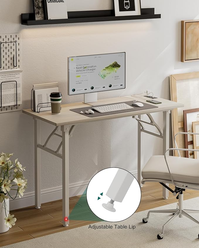 Small Folding Computer Desk – 43.3 Inch Portable Table for Craft and Study, Lightweight Desk for Small Spaces, Foldable Laptop Table Built-in AC/USB Outlets for Convenience, White Ash - Image 6