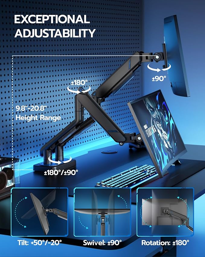 ARES WING 17-45 Inch Monitor Arm Ultrawide Dual Monitor Mount, Black | Heavy Duty Mechanical Spring Monitor Stand Adjustable Arms Holds up to 44lbs, 75/100 VESA Mount with Clamp/Grommet Base - Image 9