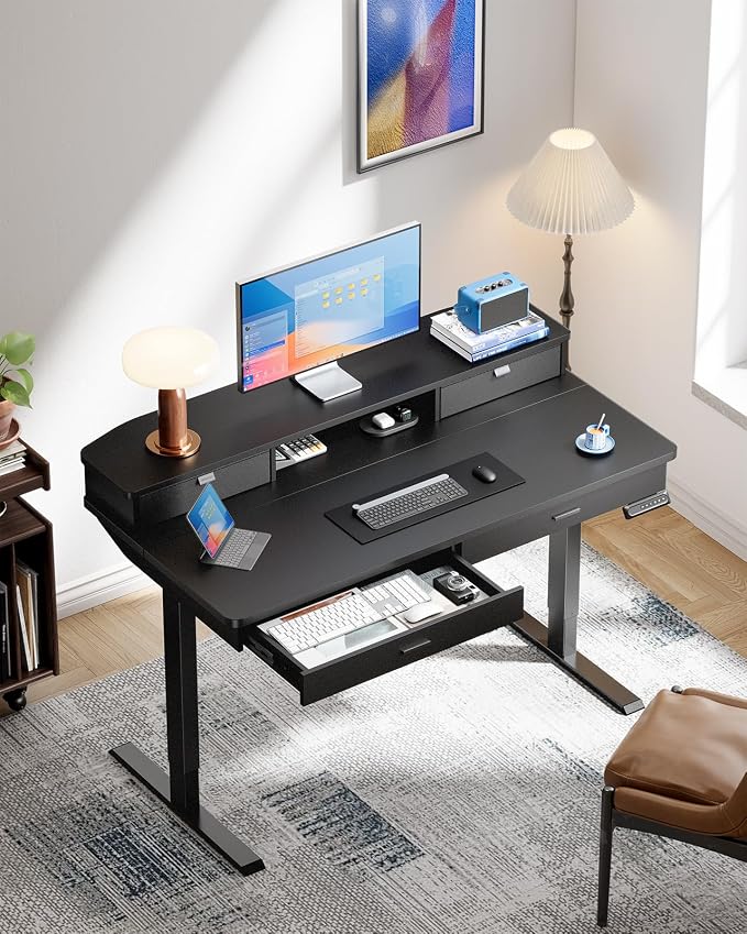 HUANUO 48 x 30 inch Electric Standing Desk with 2 Wood Drawers, Adjustable Height Sit Stand Desk for Home Office, Ergonomic Stand up Desk with 4 Memory Presets, 176 lbs Capacity, Black Top - Image 4