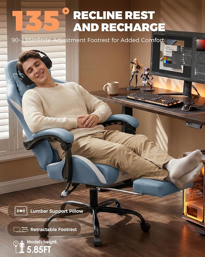 GTPLAYER Gaming Chair with Foot Rest & Pocket Spring Cushion, Ergonomic High Back Computer Desk Chair with Headrest & Lumbar Support for Back Pain Relief, Breathable Fabric, Blue - Image 7