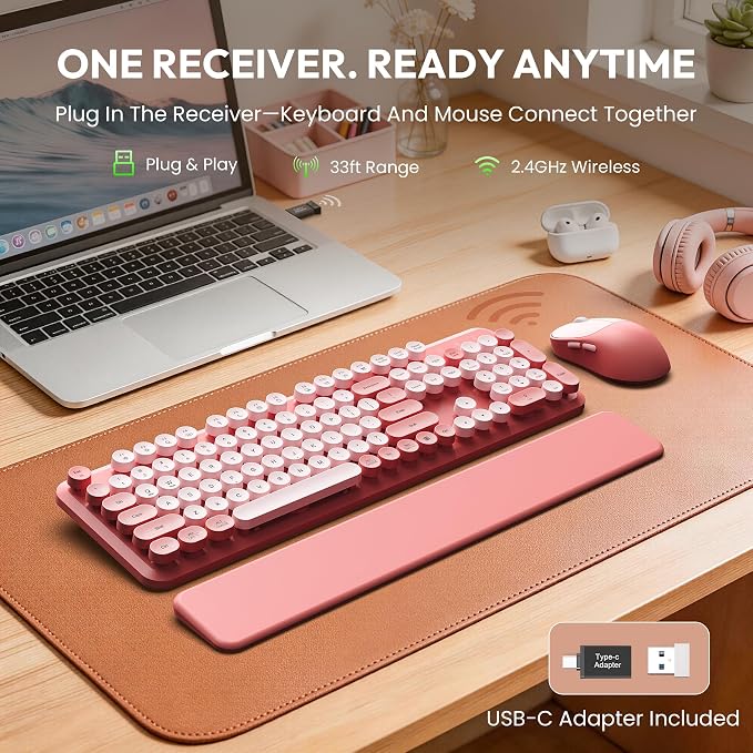 Wireless Keyboard and Mouse Combo, Typewriter Keyboard with Magnetic Wrist Rest, Full-Size Cute Round Keycaps, Sleep Mode, 2.4G Keyboards for Mac/Windows/PC, Office or Home, Trueque CK23Pro | Full-Size, Round Keycaps, Smart Sleep Mode, 2.4GHz Stable Co... - Image 2