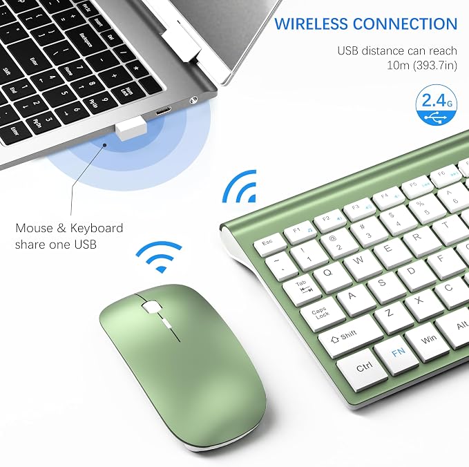 Wireless Keyboard and Mouse Ultra Slim Combo, TopMate - Green White | 2.4G Silent Compact 2400DPI Mouse and Scissor Switch Keyboard Set with Cover, Batteries Included, for PC/Laptop/Windows/Mac - Image 3