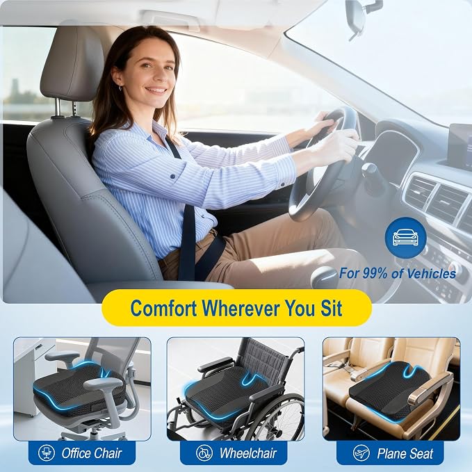 Lofty Aim Car Seat Cushion for Driving, Memory Foam Driver Seat Cushion | Car Seat Cushion for Long Driving Comfort, Driver Seat Pillow Adds Height and Support for Cars, Trucks, Office Chairs, Black - Image 8