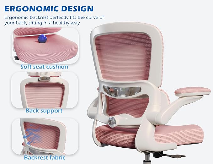 TRALT Ergonomic Office Chair Desk Chair with Adjustable Lumbar Support | Desk Chair Comfy with Flip-up Armrests Ergonomic Chair - Mesh Computer Chairs for Adults, 330lbs, PU Leather (Pink, 1) - Image 7