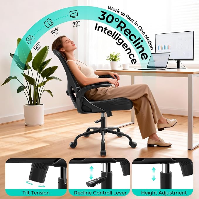 Office Chair - Ergonomic Breathable Mesh Desk Chair with Adjustable Lumbar Support and Flip-up Armrests - Executive High Back Rolling Swivel Comfortable Computer Gaming Chair for Home Office - Image 4
