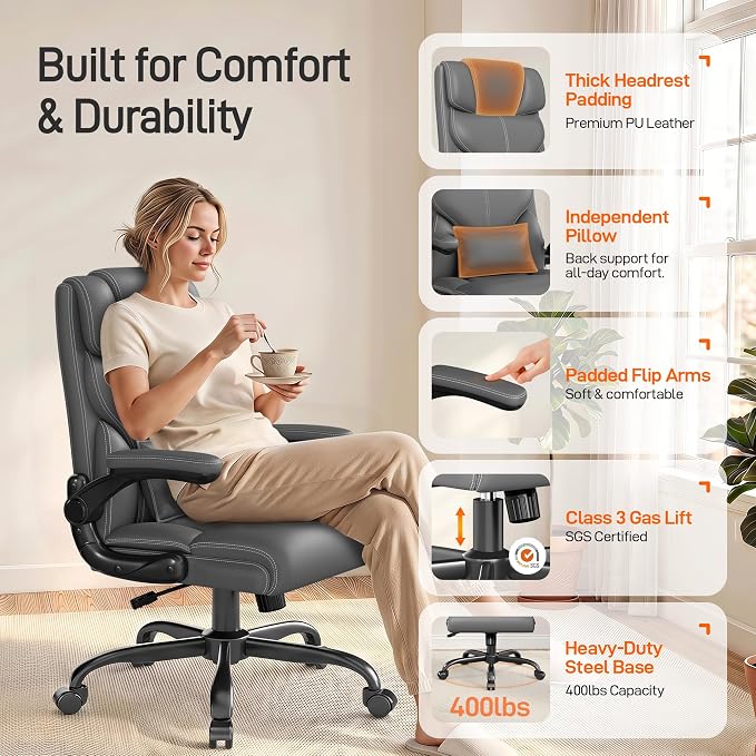Office Chair, Executive Mid-Back Computer Desk Chair with Flip-up Armrests | 300 Lbs Ergonomic Leather Swivel PC Chair with Rock Function for Working Studying (Gray) - Image 6
