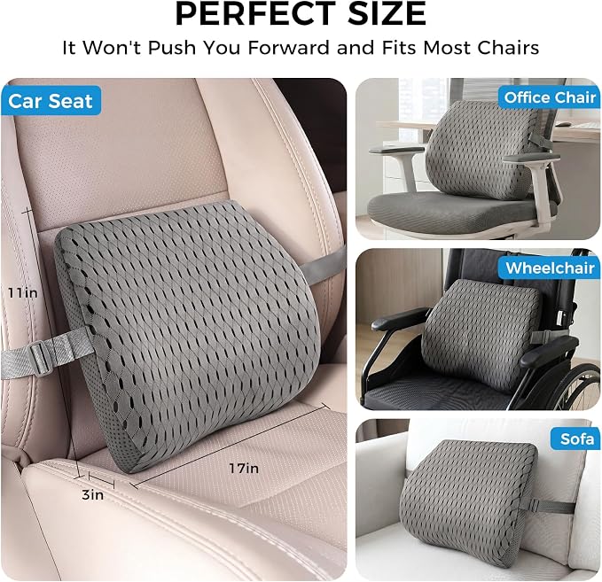Lumbar Support Pillow for Car & Office Chair - High-Density Memory Foam for Sciatica & Lower Back Pain Relief - Non-Slip Back Support Cushion for Long Commutes & Desk Workers (4D Mesh Gray) - Image 3