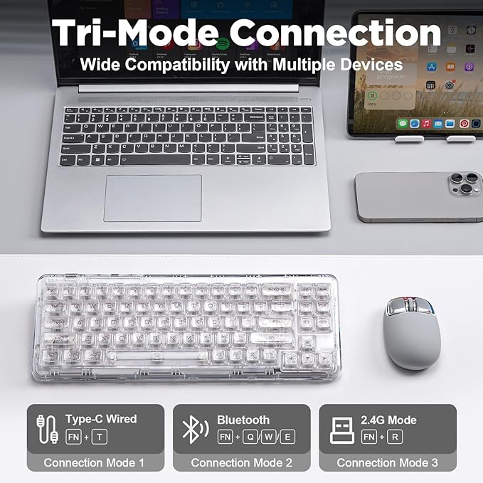 YUNZII X71 68% Wireless RGB Mechanical Keyboard(White, Crystal Ice Switch) | BT5.0/2.4G/USB-C,Transparent PC Keycaps,Hot Swappable Gasket Mount, RGB Backlight for Gaming, Win/Mac - Image 3