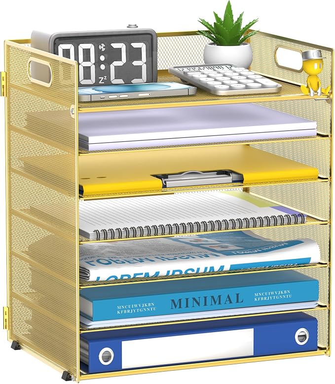 7 Tier Paper Organizer for Desk with Mesh Letter Trays and Handle Gold | Desk File Organizer with Handle for Sorting Papers, Files, Folders, Mail, Bills and Office Supplies by Unknown