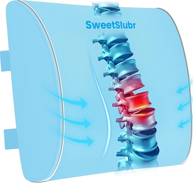 SweetSlubr Lumbar Support Pillow for Office Chair(Light Blue,XL) | 4.7" Thick, Memory Foam, Adjustable Straps, Machine Washable Mesh Cover, Lower Back Pain Relief for Office, Car & Gaming by Unknown