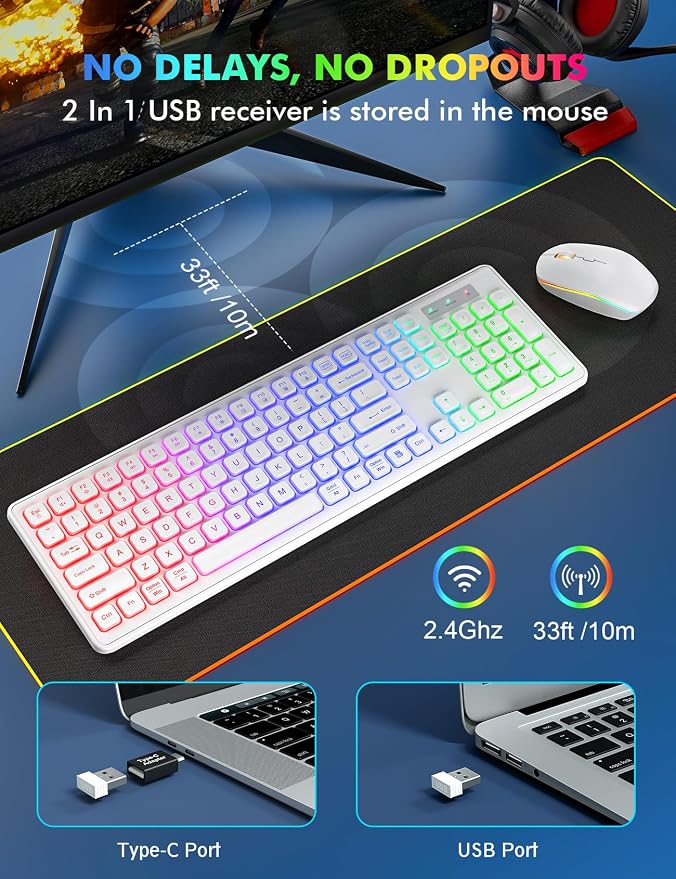 Wireless Keyboard and Mouse Combo with RGB Backlit, Rechargeable | Light Up Letters, Full-Size, Soft Typing, Sleep Mode, 2.4GHz Quiet Keyboard Set for Mac, Windows, Laptop, PC, Trueque KM42Pro - Image 5
